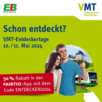 Am kommenden Wochenende könnt ihr mit der Erfurter Bahn im gesamten VMT-Gebiet wieder auf Entdeckungstour gehen – und das zum halben Preis! 🔍💸

Denn an den VMT-Entdeckertagen am 10. und 11. Mai erhaltet ihr auf eure Fahrt mit der FAIRTIQ-App 50 %...